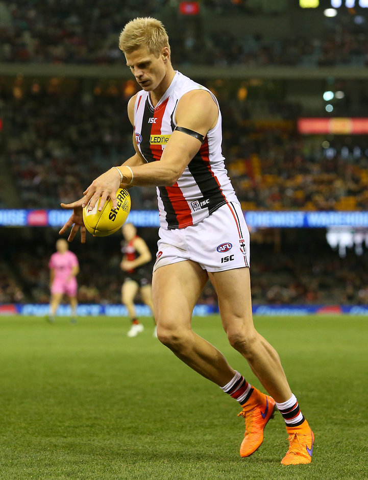 AFL 2015 Rd 14 - Essendon v St Kilda MELBOURNE, AUSTRALIA - JULY 5: Nick Riewoldt of the Saints in action during the 2015 AFL round 14 match between the Essendon Bombers and the St Kilda Saints at Etihad Stadium, Melbourne, Australia on July 5, 2015. (Photo by Justine Walker/AFL Media)